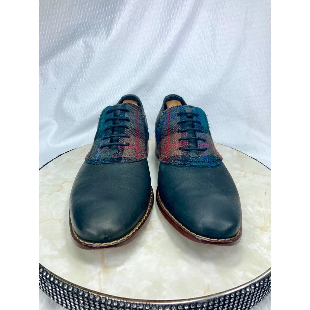 Cole Haan Plaid Wool Leather Oxford Dress Shoes Mens 8.5 Navy Academia Preppy